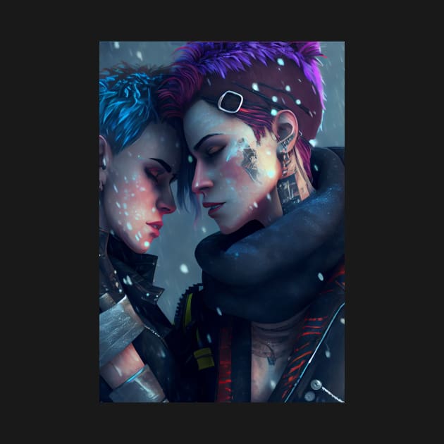 Futuristic Cyberpunk Lesbian Lovers Embrace in Emotional Portrait by Cyber Punks AI