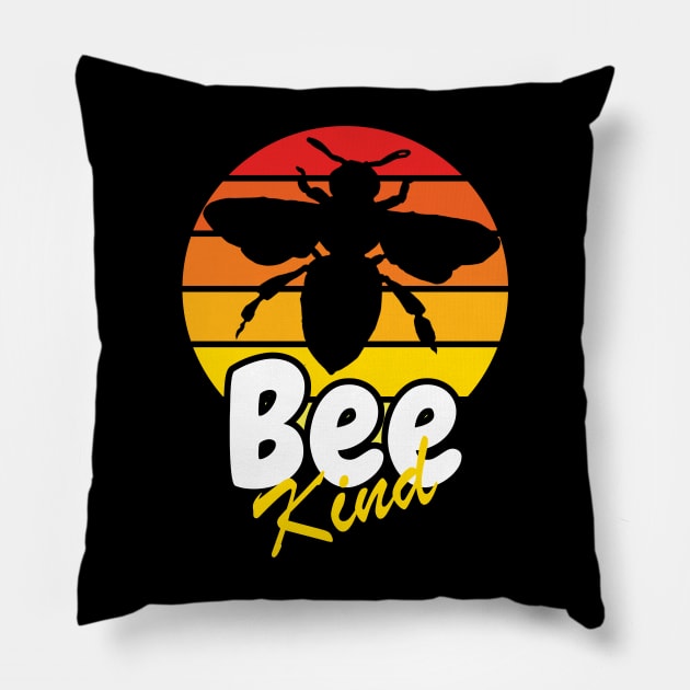 Bee Kind Inspirational Quote With Bee Silhouette And Retro Sunset Pillow by A T Design