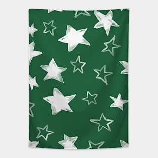 Holiday christmas watercolor white stars over emerald green background Tapestry