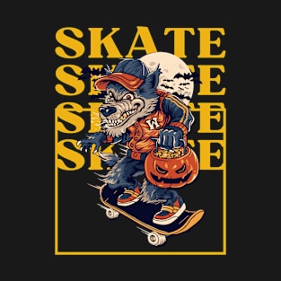 Spooky Longboard Skating Wolf Halloween Apparel T-Shirt