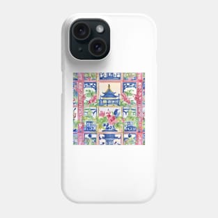 Preppy trellis chinoiserie pagodas, flowers and birds Phone Case