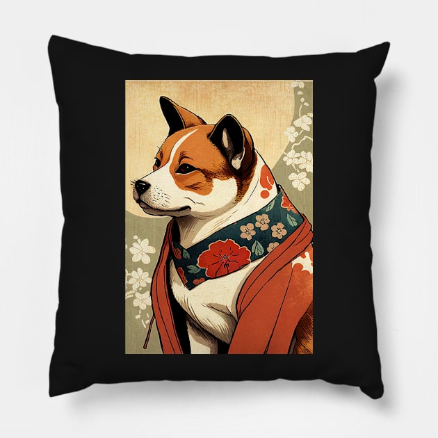 Brown and White dog with red robe - Japanese style Pillow by KoolArtDistrict