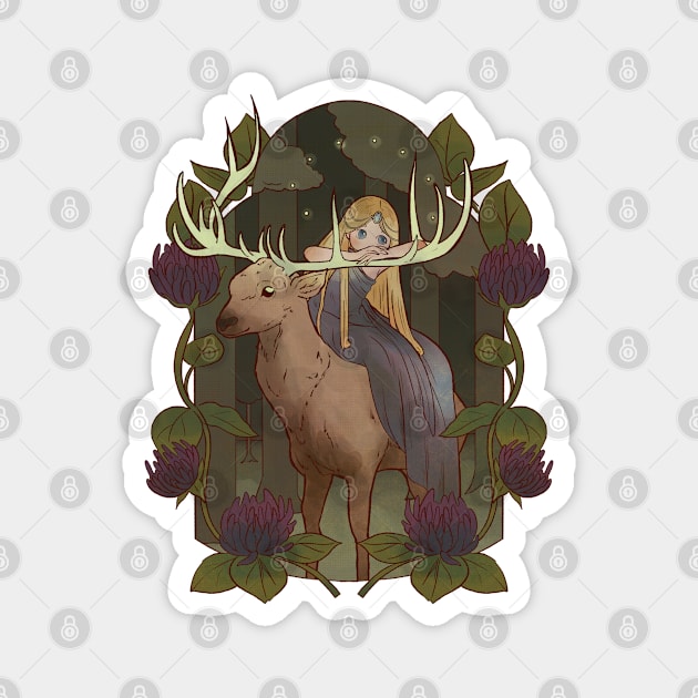 Fairy ridding a Deer Cute Fairy Tale Magical Forest Magnet by Kali Space