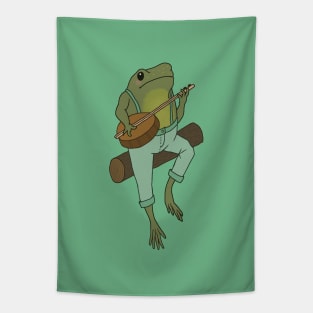 Froggy Serenade: Cute Frog Playing Banjo Guitar and Sitting on a Log Tapestry