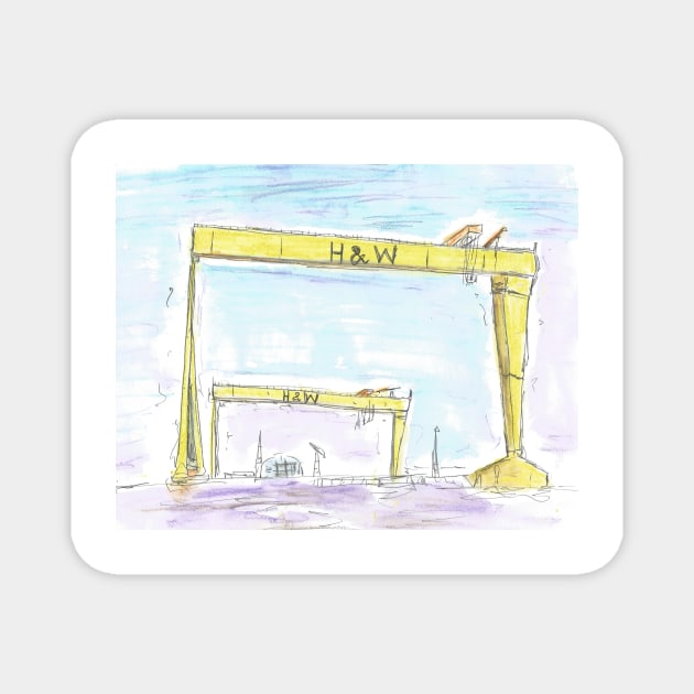 Squiggly sketch of the Harland and Wolff cranes, Belfast. Magnet by DebTheZeb