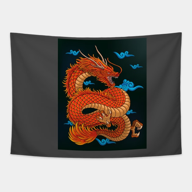 Japanese red dragon with oriental clouds Tapestry by Ardiyan nugrahanta