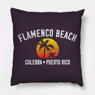 Flamenco Beach - Culebra - Puerto Rico Vintage Sunset Palm Pillow
