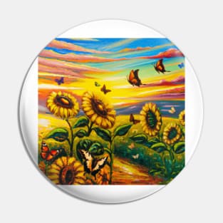 Sunflowers Field and Butterflies Oil Painting Pin