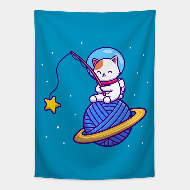 Cute Astronaut Cat Fishing Star On Yarn Wool Planet Cartoon Tapestry by Catalyst Labs