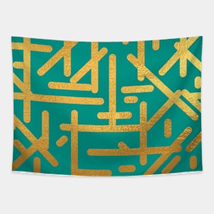 Teal Blue Gold colored abstract lines pattern Tapestry