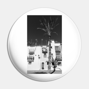 Black and image of typical Mediterranean apartments with tall palm Pin