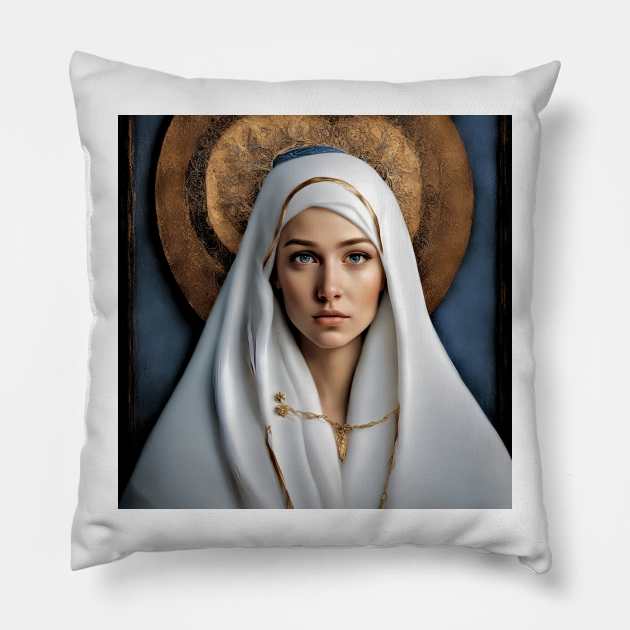 Portrait of Virgin Mary in white veil Pillow by bogfl