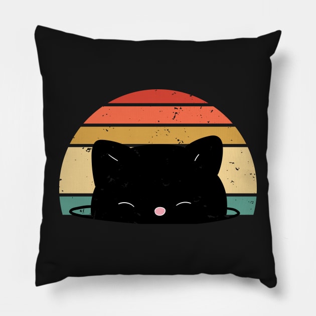 Retro sunset Cute Black Cat face Pillow by WassilArt