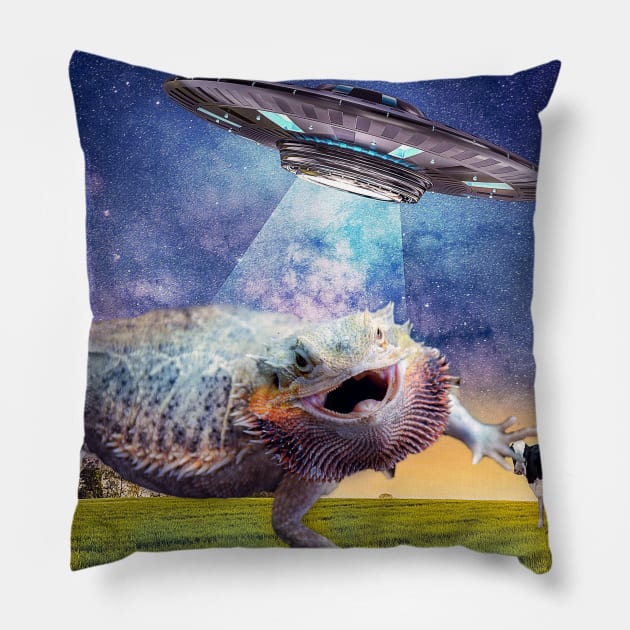 Bearded Dragon Lizard UFO Abduction Pillow by Random Galaxy