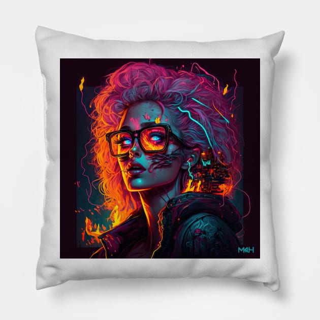 Neon Portrait of a digital punk girl Pillow by TheMadSwede