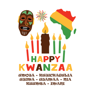 Happy Kwanzaa, Cultural Celebration. African mask and the African continent T-Shirt