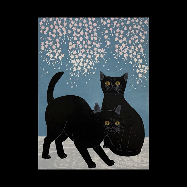 Neko and Sakura Japanese Vintage Art Ukiyo-e by geekmethat