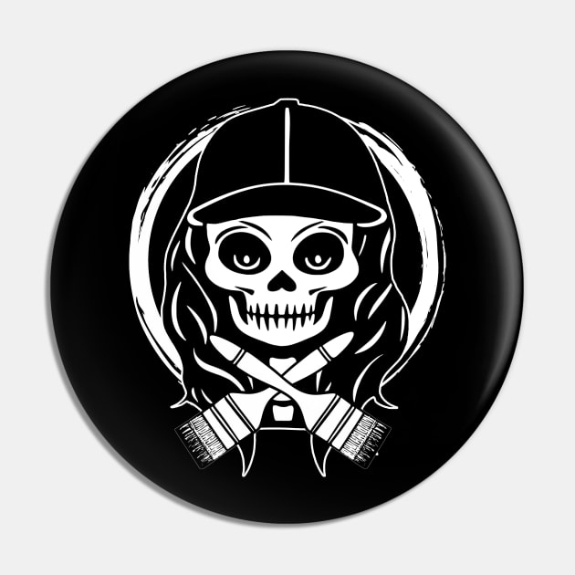 Female Painter Skull and Paintbrush White Logo Pin by Nuletto