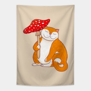 Cute Cat with Fly Agaric Mushroom Umbrella Graphic Design Tapestry