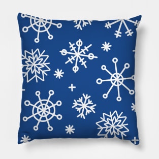 White Doodle Snowflake Pattern on Dark Blue Background, made by EndlessEmporium Pillow