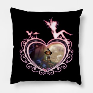 Cute little witch flying with a broom Pillow