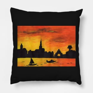 Flensburg skyline in the evening sun Pillow