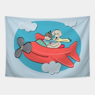 Cute Flying Adventure for a Girl and her Dog in an Airplane Tapestry