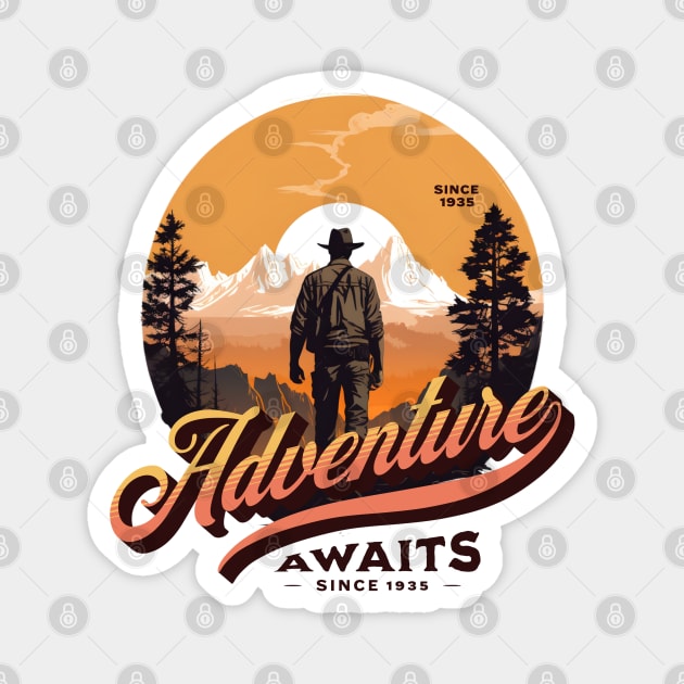 Adventure Awaits - Since 1935 - Sunset - Outdoors, Camping, Hiking, Adventure Magnet by Fenay-Designs
