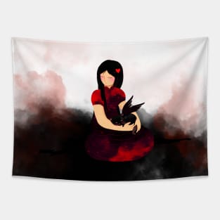 Girl with cat on black cloud Tapestry