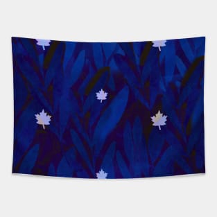 Icy Maple leaves on a deep midnight blue leaf background Tapestry
