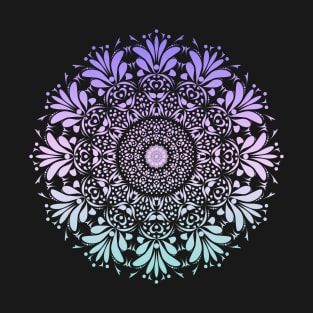 Purple and Teal Ombre Floral Leaf Mandala Flower on Black T-Shirt