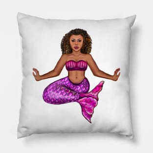 Mermaid pose Cute  mermaid siting cross legged, brown eyes, Curly hair  and caramel brown skin - light background Pillow