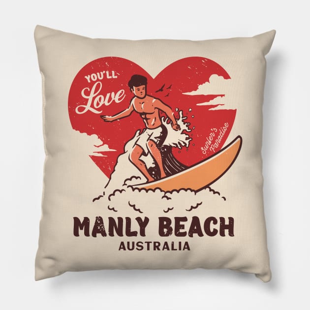 Vintage Surfing You'll Love Manly Beach, Australia // Retro Surfer's Paradise Pillow by Now Boarding