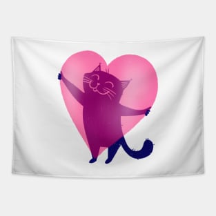 Cute blue cat holding a big pink heart - version 1 Tapestry