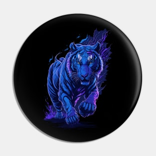 Blue Tiger Running Blue Flames Design Pin