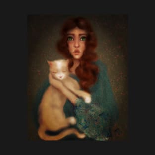 Vintage photo turned into lowbrow manga style digital art of young witchy aesthetic woman holding ginger cat T-Shirt