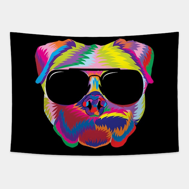 Psychedelic Pug Dog Face with Sunglasses Tapestry by phoxydesign