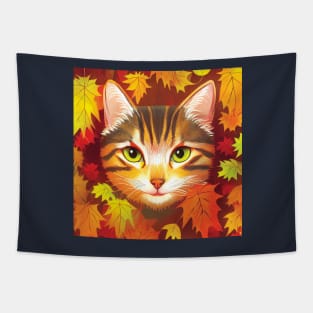 Tabby Cat in Autumn Leaves Tapestry