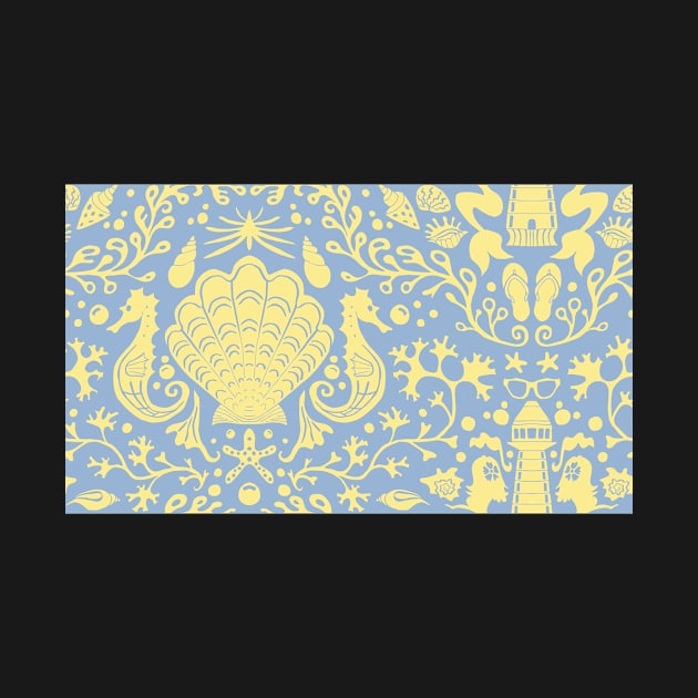 blue summer beach damask pattern with yellow seashells by colorofmagic