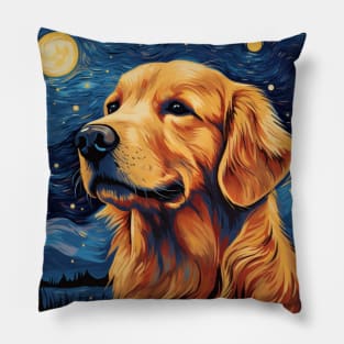 Golden Retriever Painted in Starry Night Style Pillow