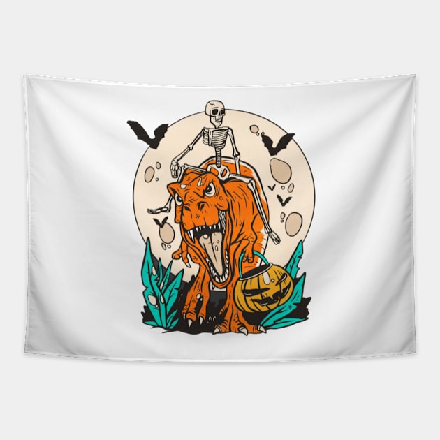 Skeleton Riding T-rex With Pumpkin Tapestry by mehdime