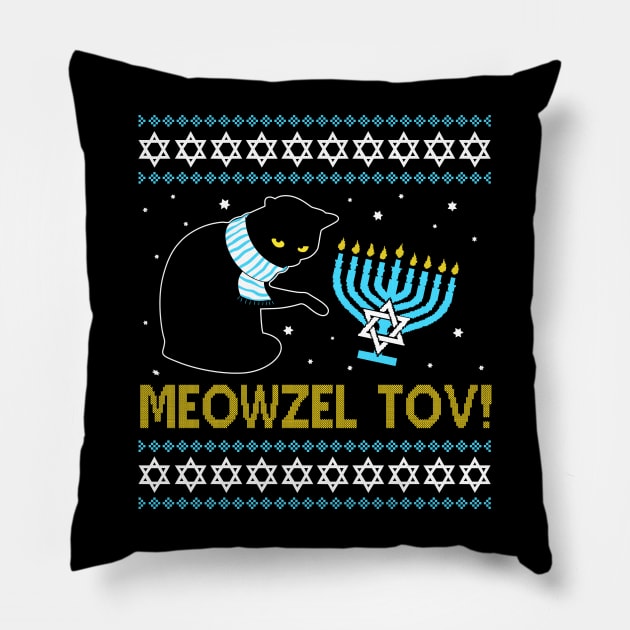 Meowzel Tov Black Cat Funny Hanukkah Chanukah Men Women Kids Pillow by _So who go sayit_