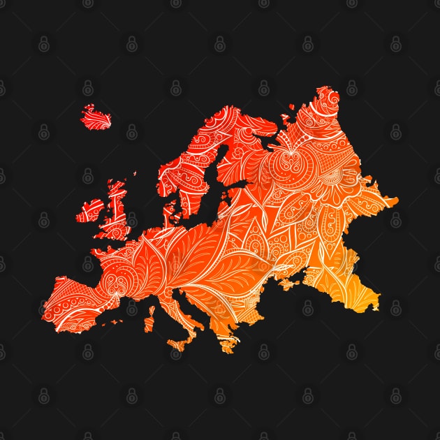 Colorful mandala art map of Europe with text in red and orange by Happy Citizen