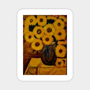 Sunflowers I'm a metallic blue gold and bronze and turquoise vase. On a table with yellow table cloth Magnet