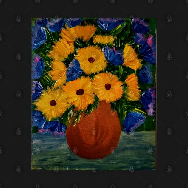 Some blue flowers and sunflowers in a bronze vase by kkartwork