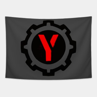 Red Letter Y in a Black Industrial Cog Tapestry