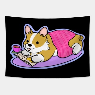 Cute Corgi Reading Book Tapestry