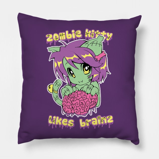 Zombie Kitteh Likes Brainz Pillow by spookyruthy