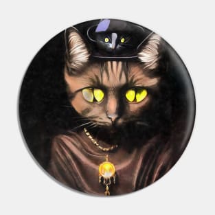 Black cat with amber pendant and mouse on head Pin