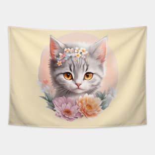 Grey Kitten's Fantasy Flowers: Vintage-Inspired Enchanting Delight Tapestry